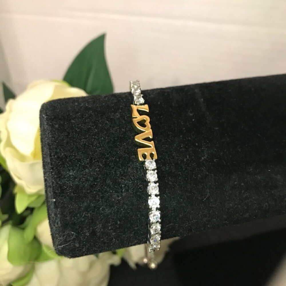 NWT Macy’s Adjustable “LOVE” Bracelet – Gold & Crystal Accent Tennis Style - Picture 4 of 7